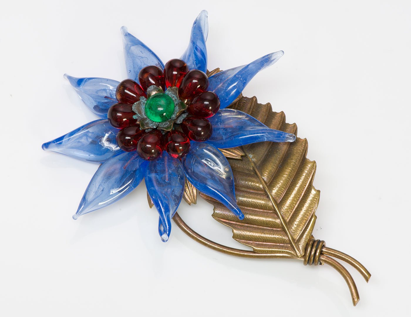 Vintage Louis Rousselet 1940’s Blue Poured Glass Flower Brooch