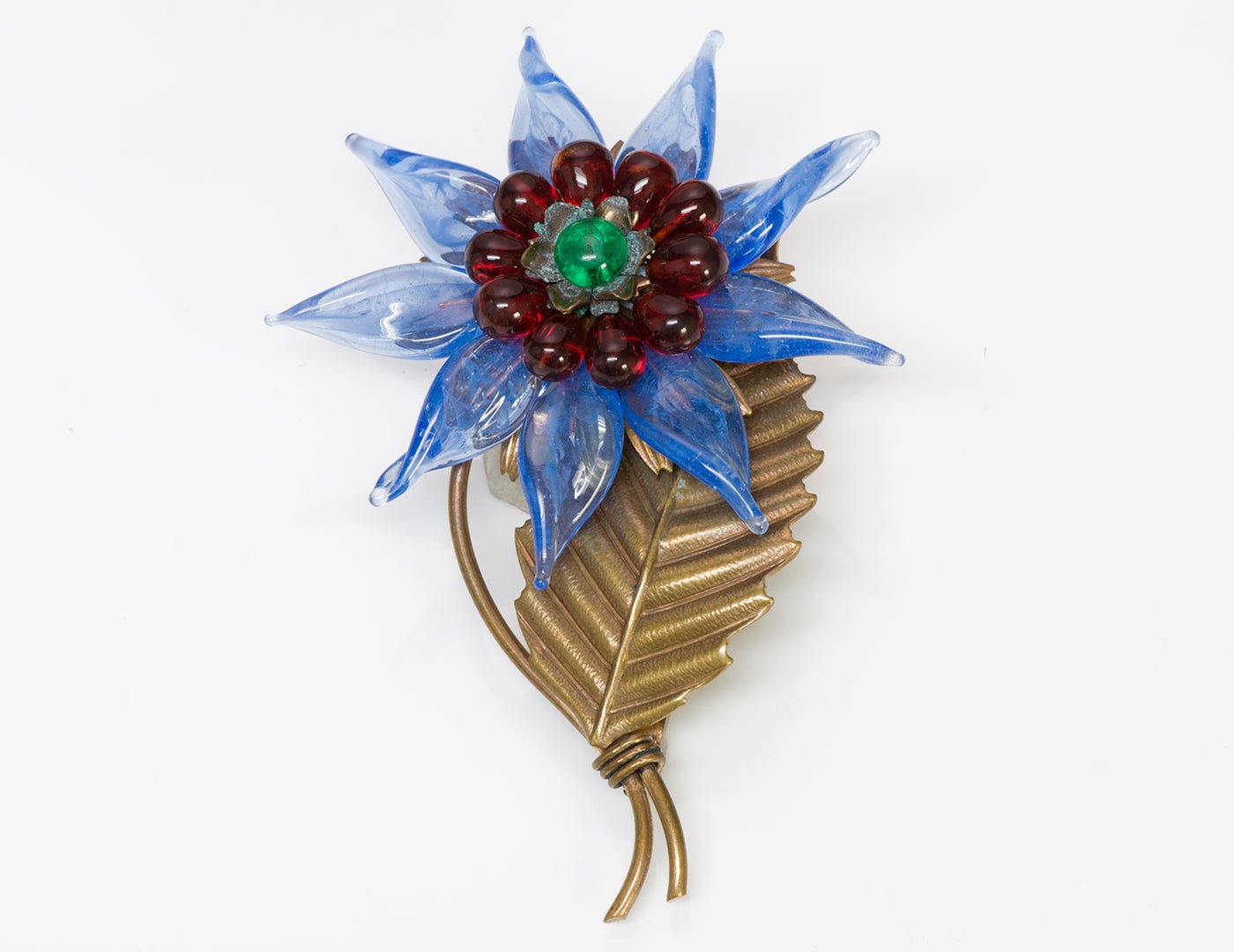 Vintage Louis Rousselet 1940’s Blue Poured Glass Flower Brooch