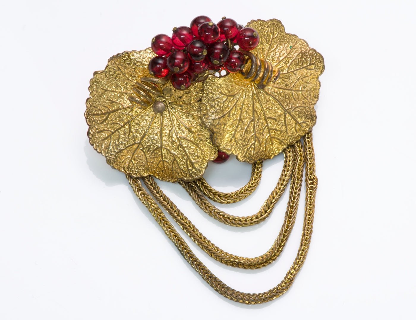 Vintage Louis Rousselet 1940's Gold Tone Glass Beads Leaf Brooch