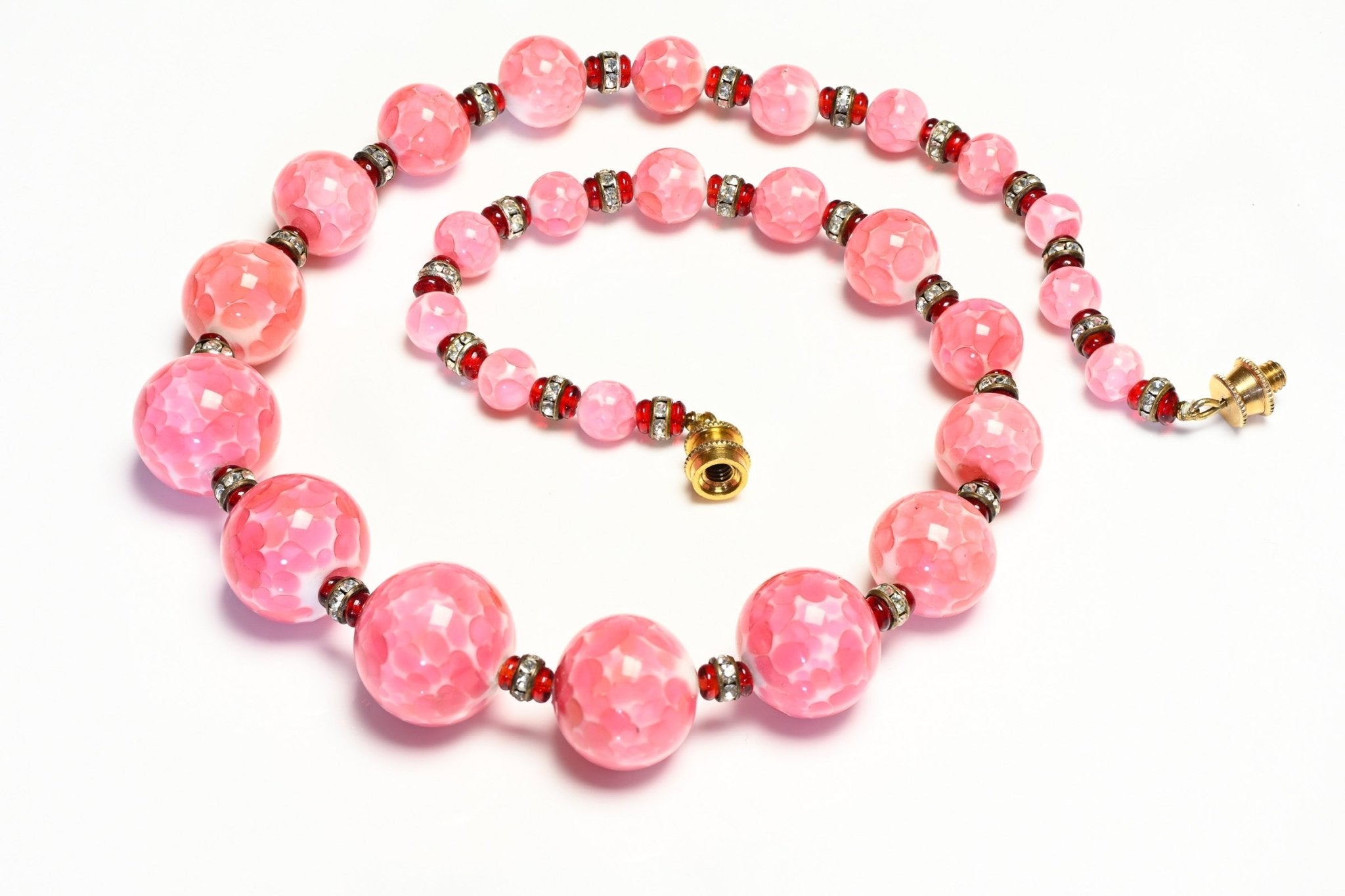 Vintage Louis Rousselet Paris Pink Red Marbled Glass Beads Collar Necklace