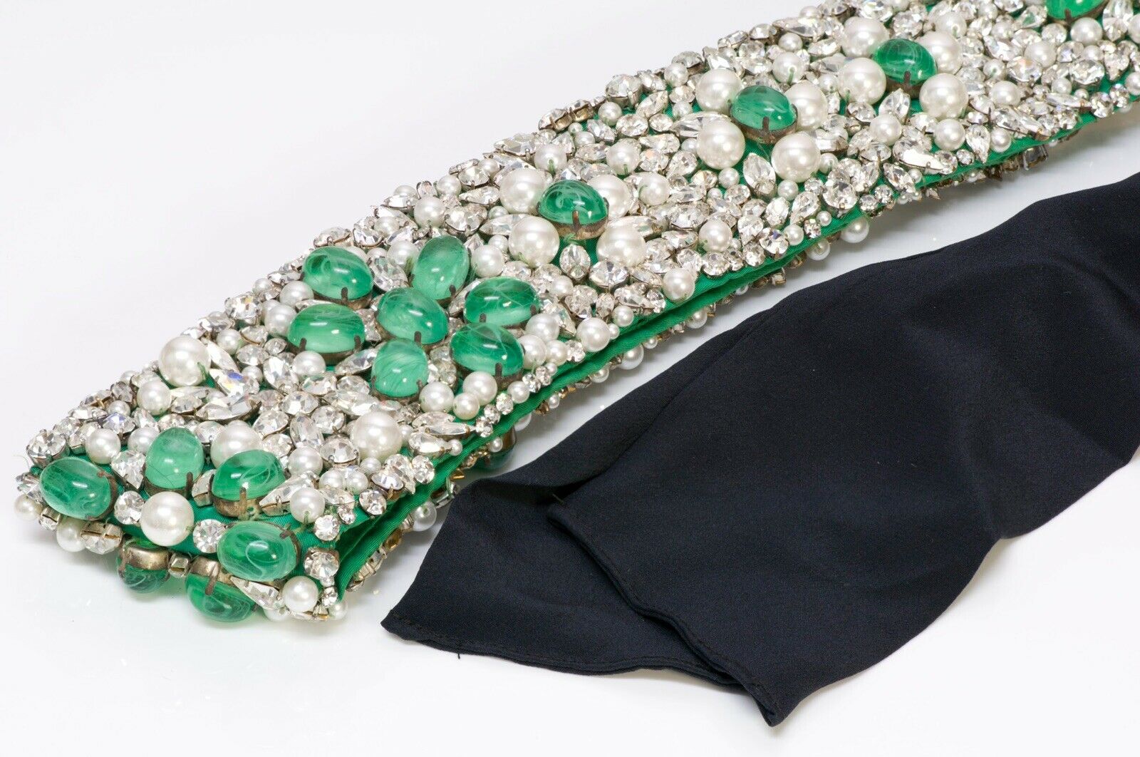 Vintage Maison GRIPOIX Wide Beaded Green Cabochon Glass Pearl Crystal Satin Belt