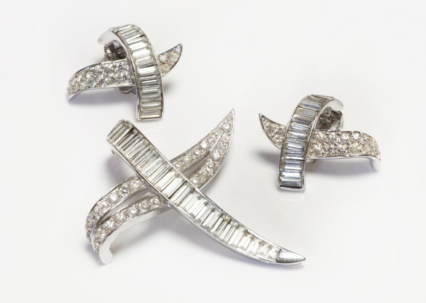 Vintage Marcel Boucher Rhodium Plated Crystal Bird Brooch Earrings Set
