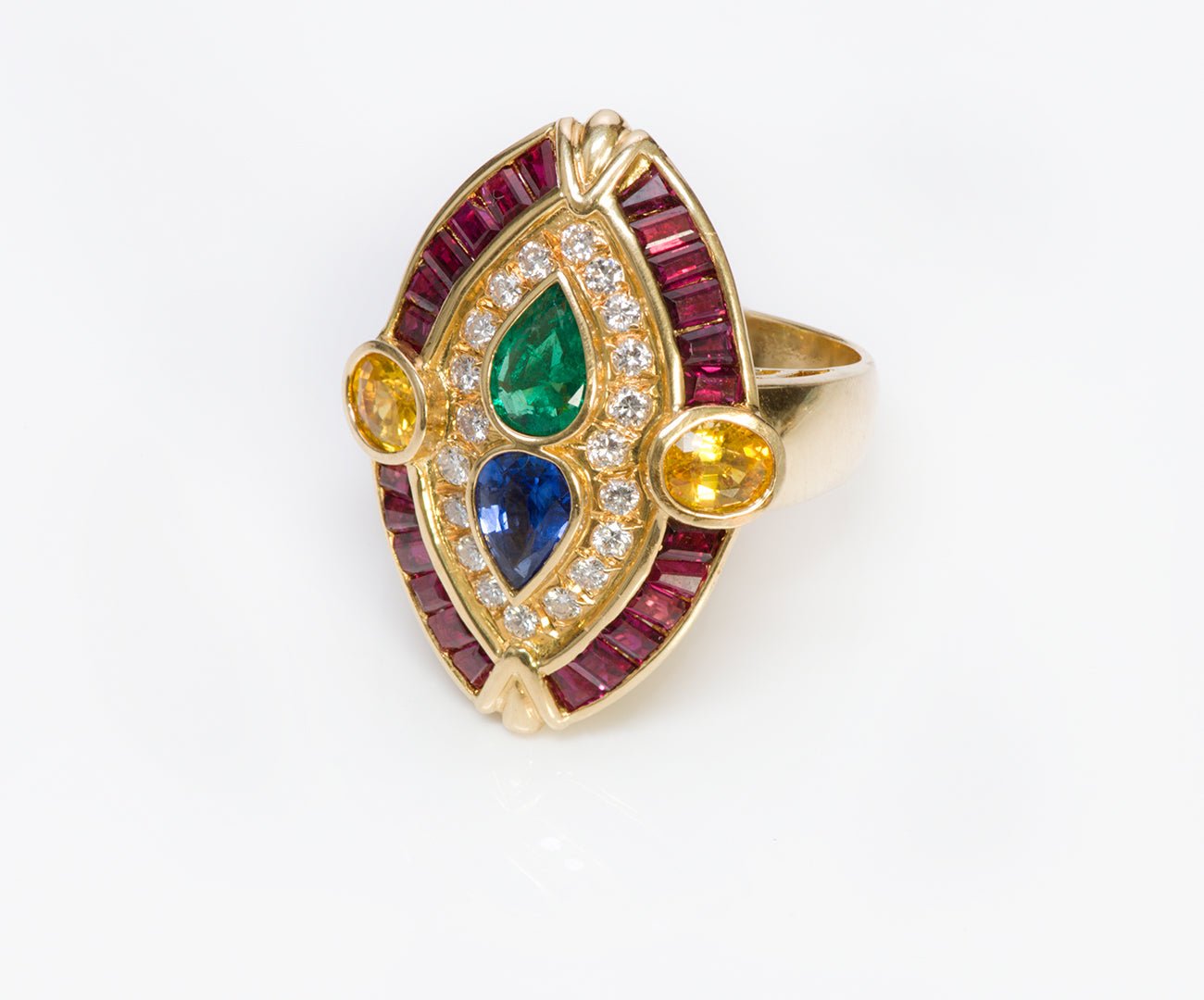 Vintage Marquise 18K Gold Gemstone Ruby Emerald Sapphire Diamond Ring