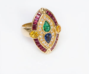 Vintage Marquise 18K Gold Gemstone Ruby Emerald Sapphire Diamond Ring