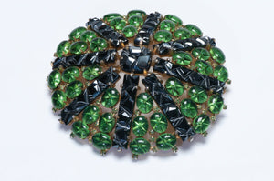 Vintage Marvella Green Black Cabochon Glass Crystal Large Flower Brooch