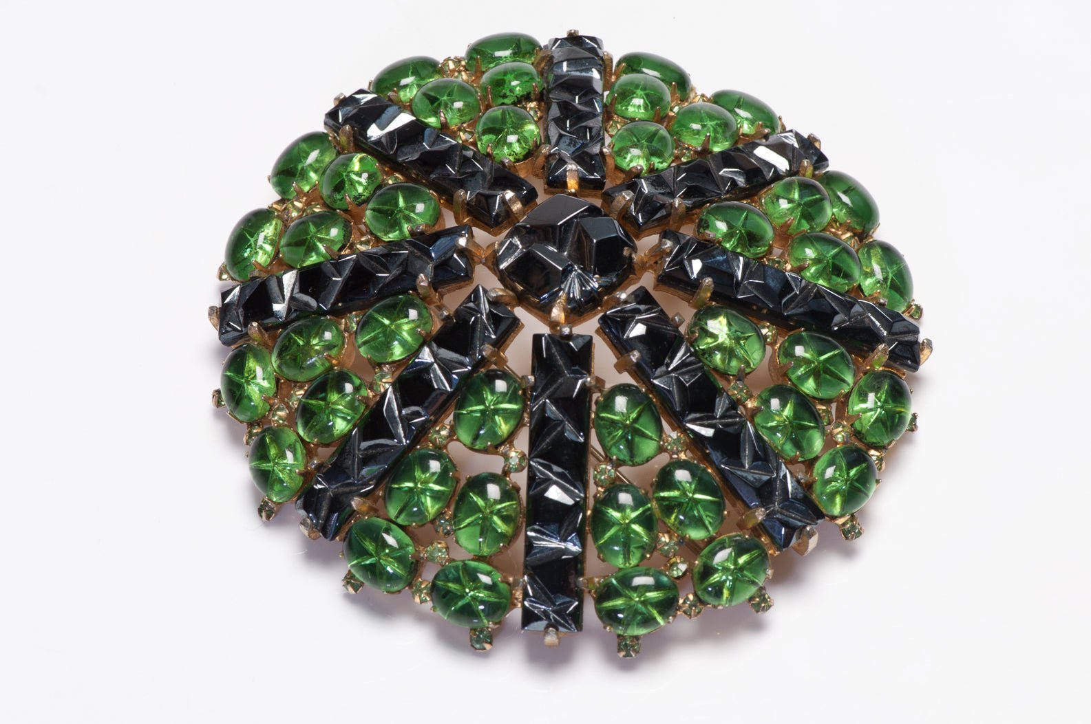 Vintage Marvella Green Black Cabochon Glass Crystal Large Flower Brooch