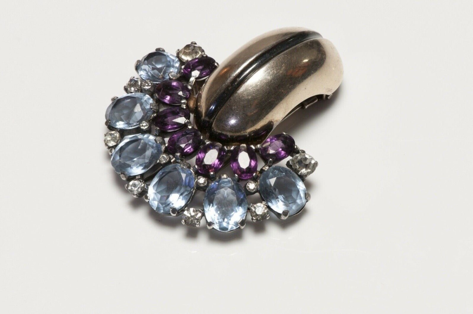 Vintage MAZER Sterling Silver Purple Blue Crystal Clip Brooch