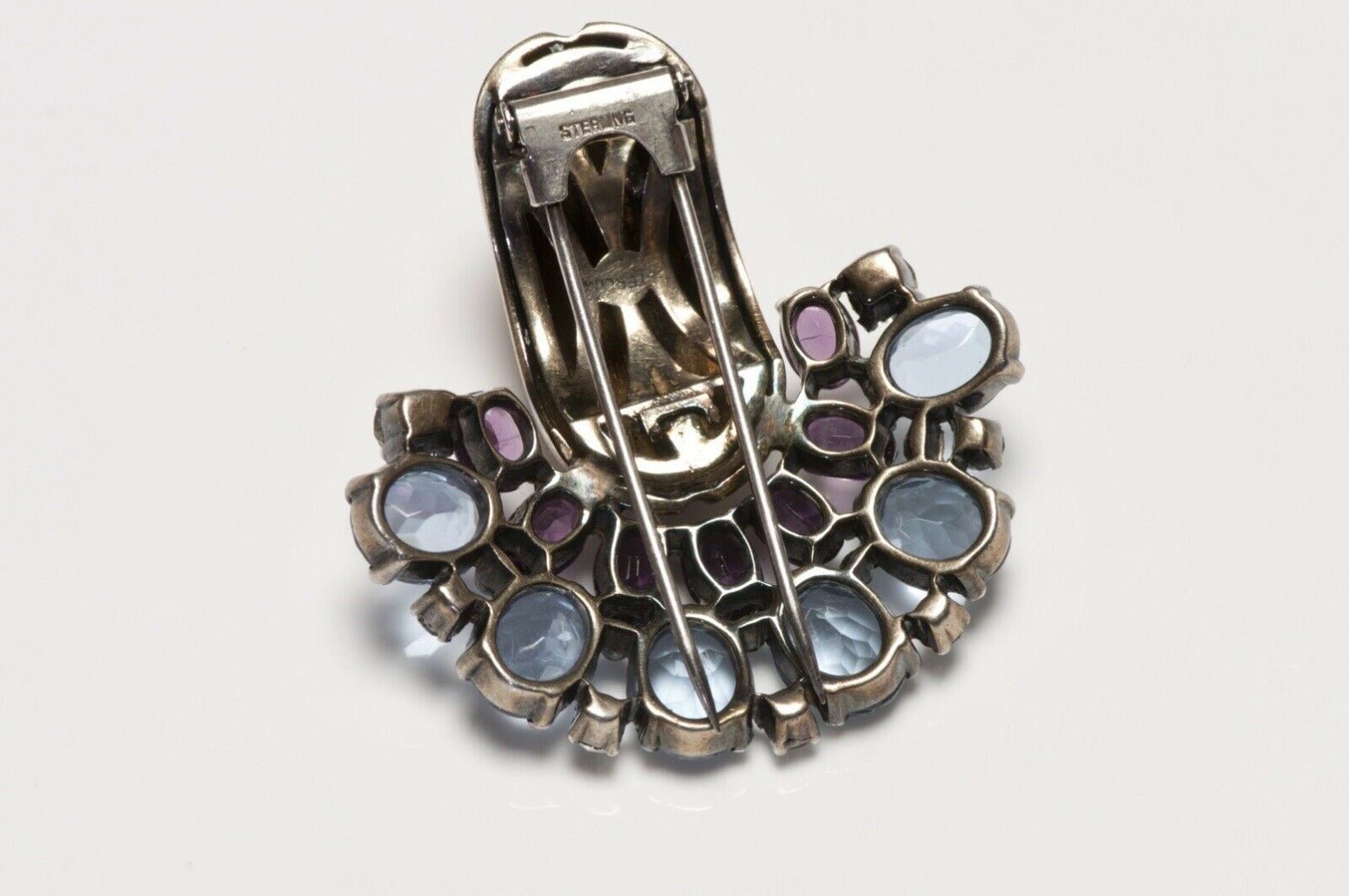 Vintage MAZER Sterling Silver Purple Blue Crystal Clip Brooch