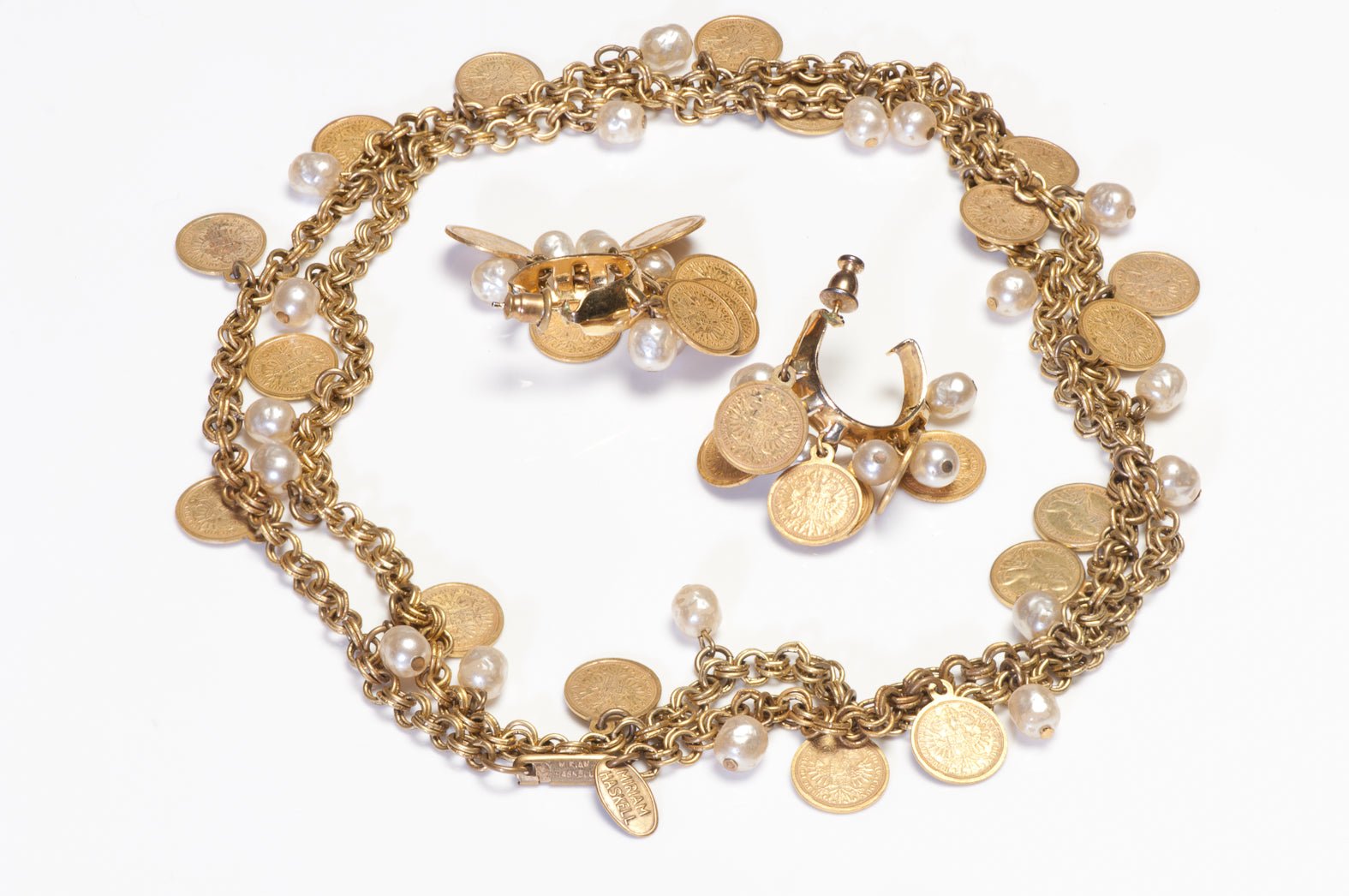 Vintage Miriam Haskell 1870 Maria Theresa Coin Pearl Necklace Hoop Earrings Set