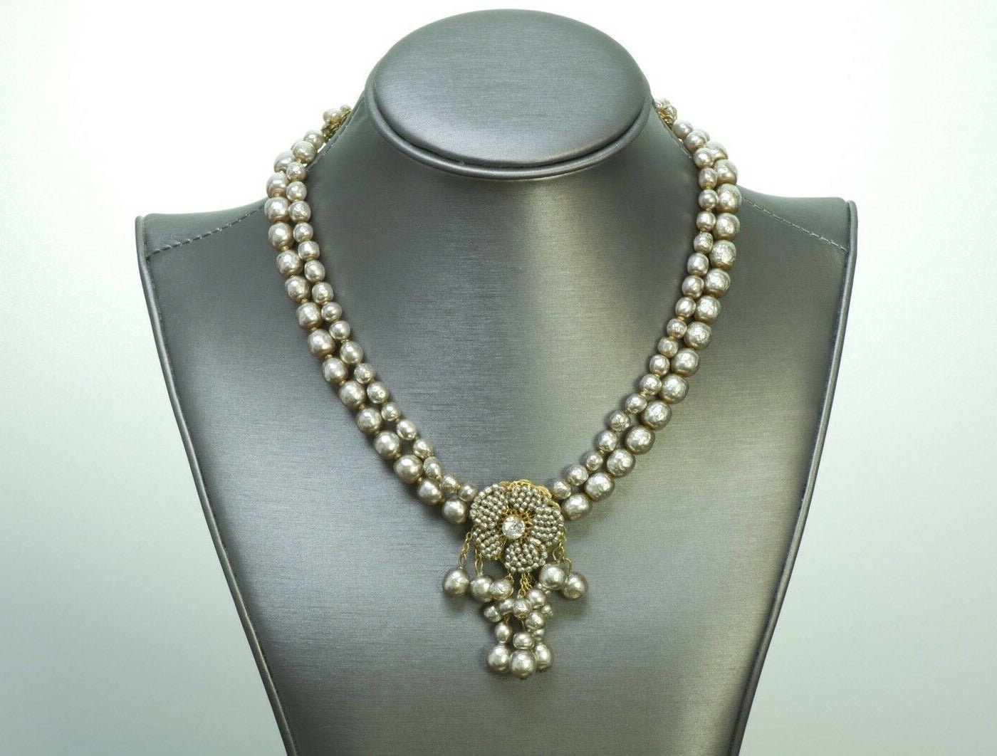 Vintage Miriam Haskell Beaded Pearl Crystal Necklace Brooch Set