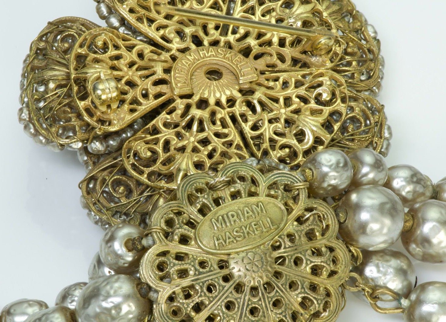 Vintage Miriam Haskell Beaded Pearl Crystal Necklace Brooch Set