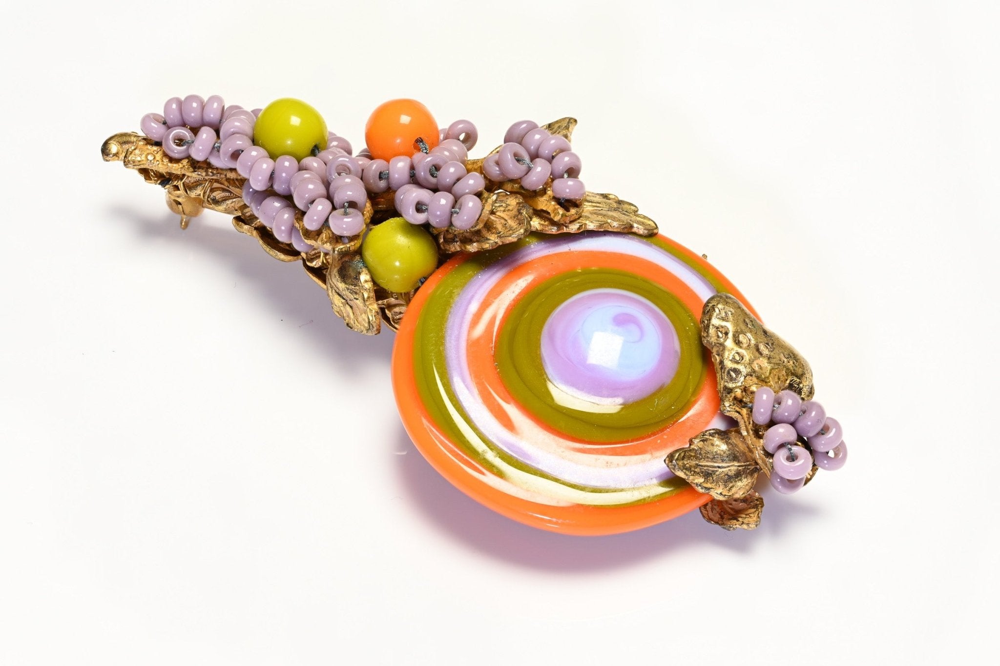 Vintage Miriam Haskell Orange Purple Green Glass Flower Brooch Earrings Set