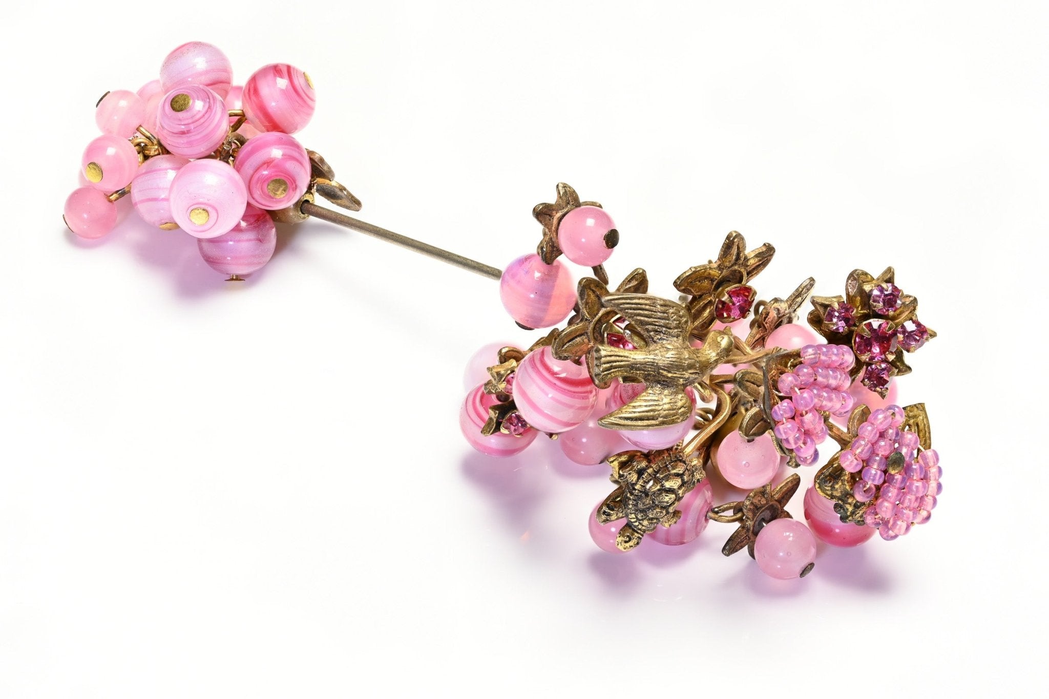 Vintage Miriam Haskell Pink Glass Beads Turtle Bird Heart Charm Stickpin Brooch