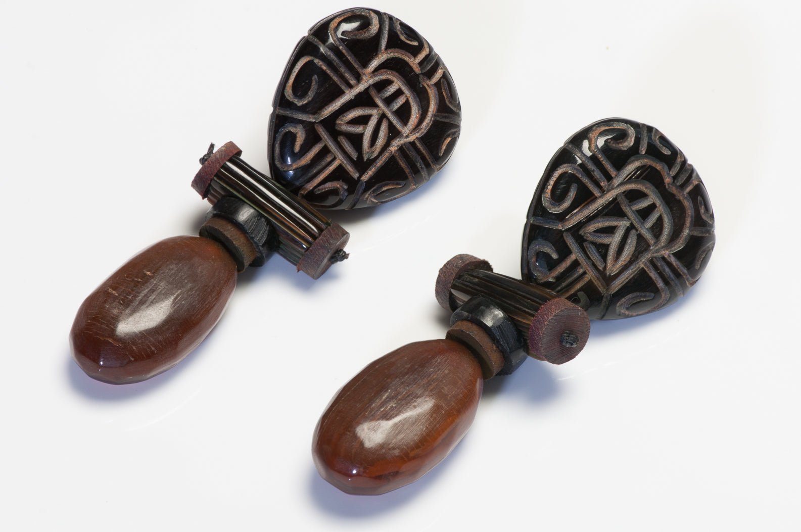 Vintage Monies Gerda Lynggaard Long Carved Horn Tribal Style Earrings