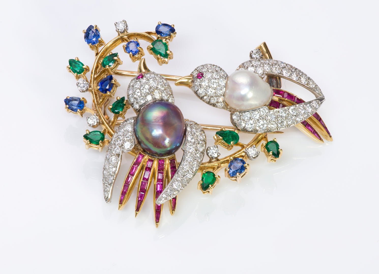 Vintage Multi Colored Gemstone Diamond & Pearl Gold Bird Brooch