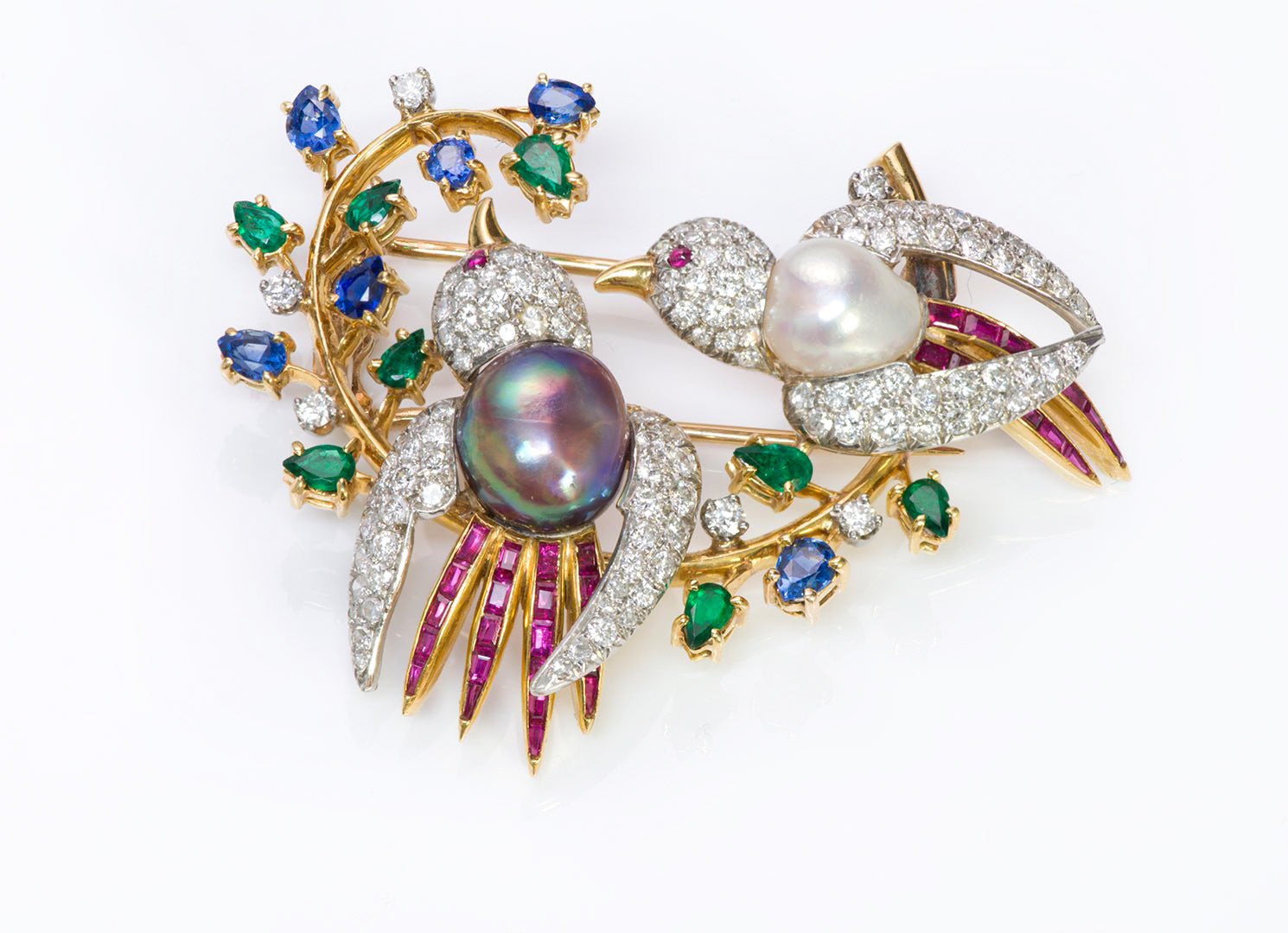  Gemstone Diamond & Pearl Gold Bird Brooch