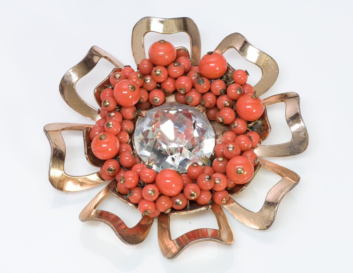 Vintage Nettie Rosenstein 1950’s Silver Faux Coral Crystal Flower Brooch