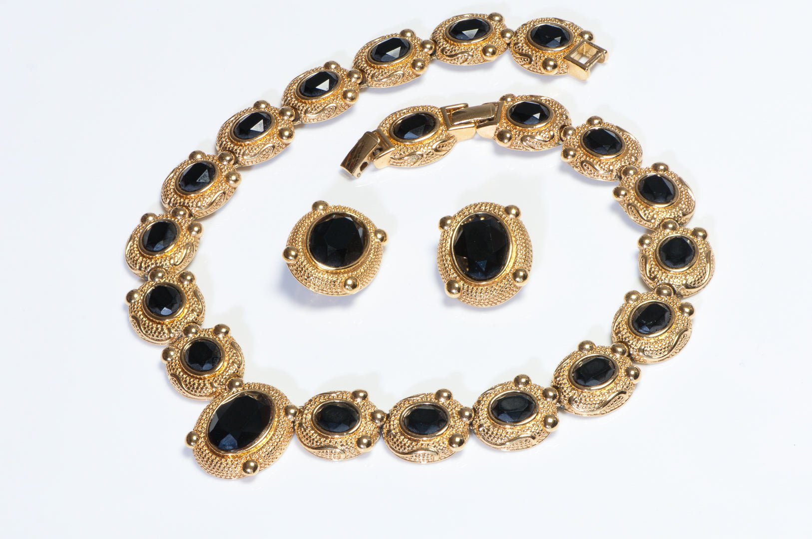 Vintage Nina Ricci Gold Plated Black Crystal Earrings Necklace Set