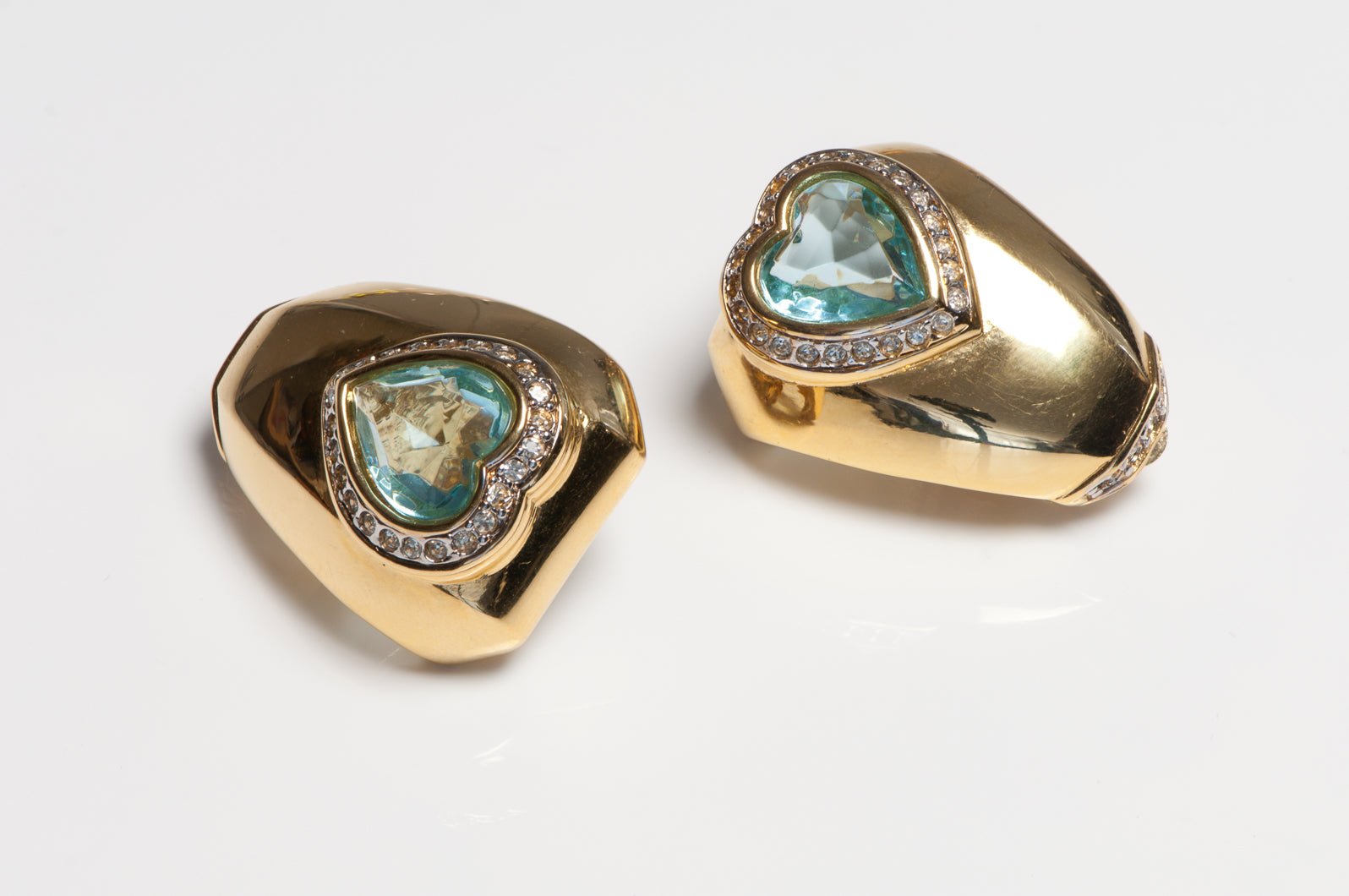 Vintage Nina Ricci Gold Plated Blue Crystal Heart Earrings