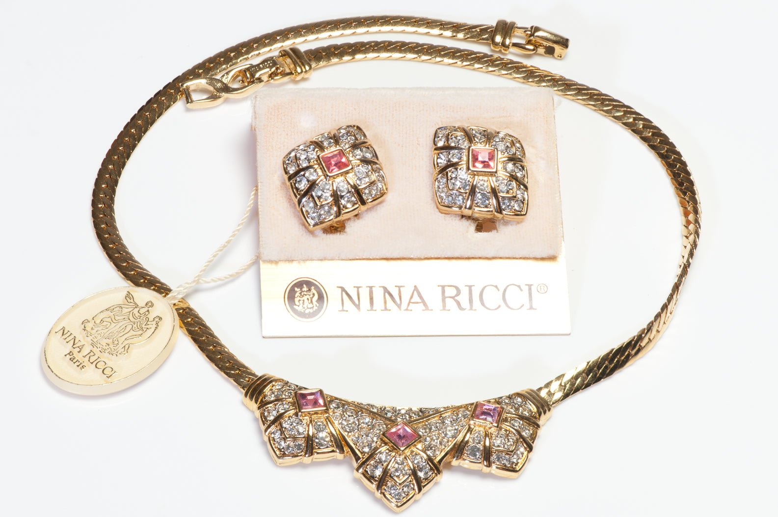 Vintage Nina Ricci Gold Plated Pink Crystal Earrings Necklace Set