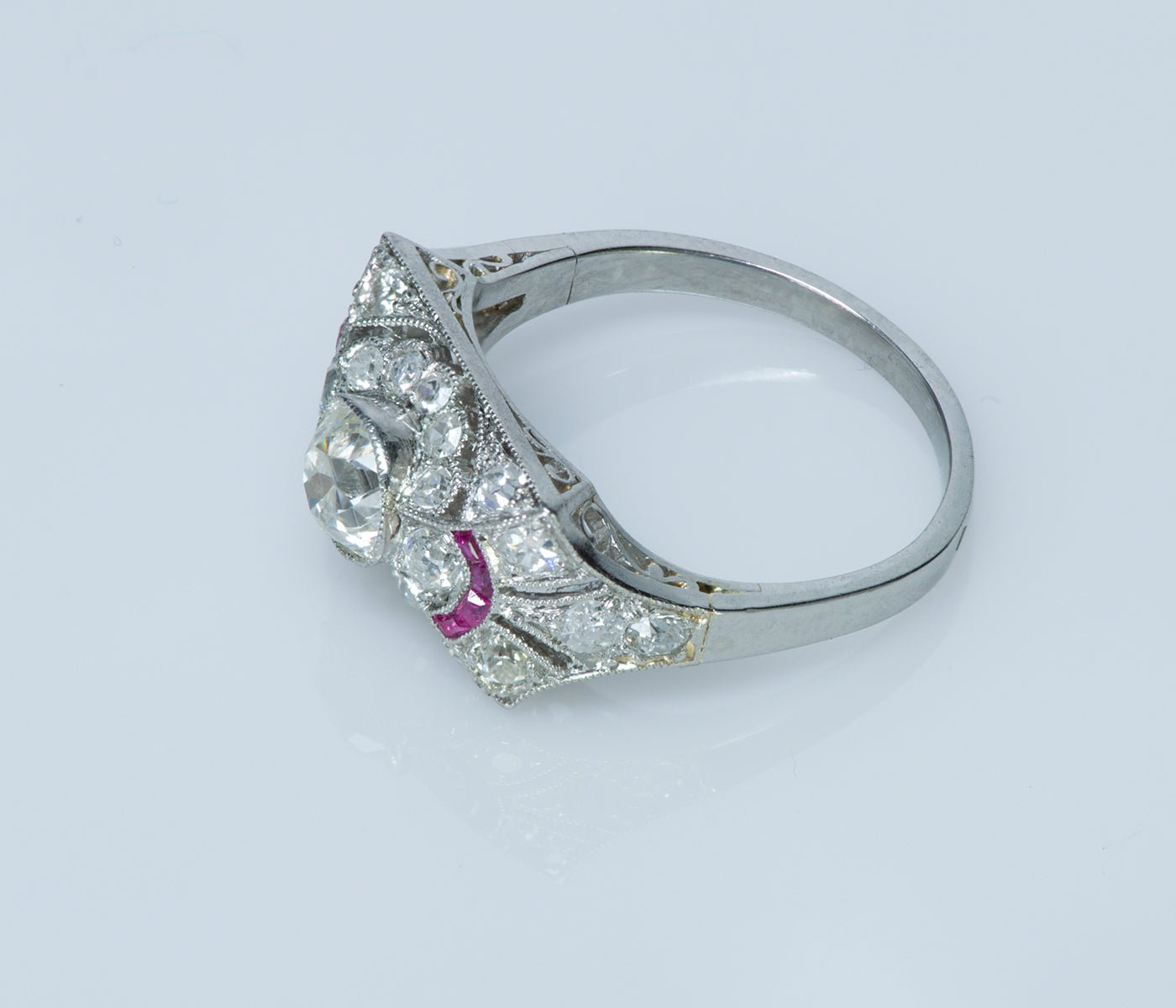 Vintage Old Mine Diamond Ruby Platinum Engagement Ring