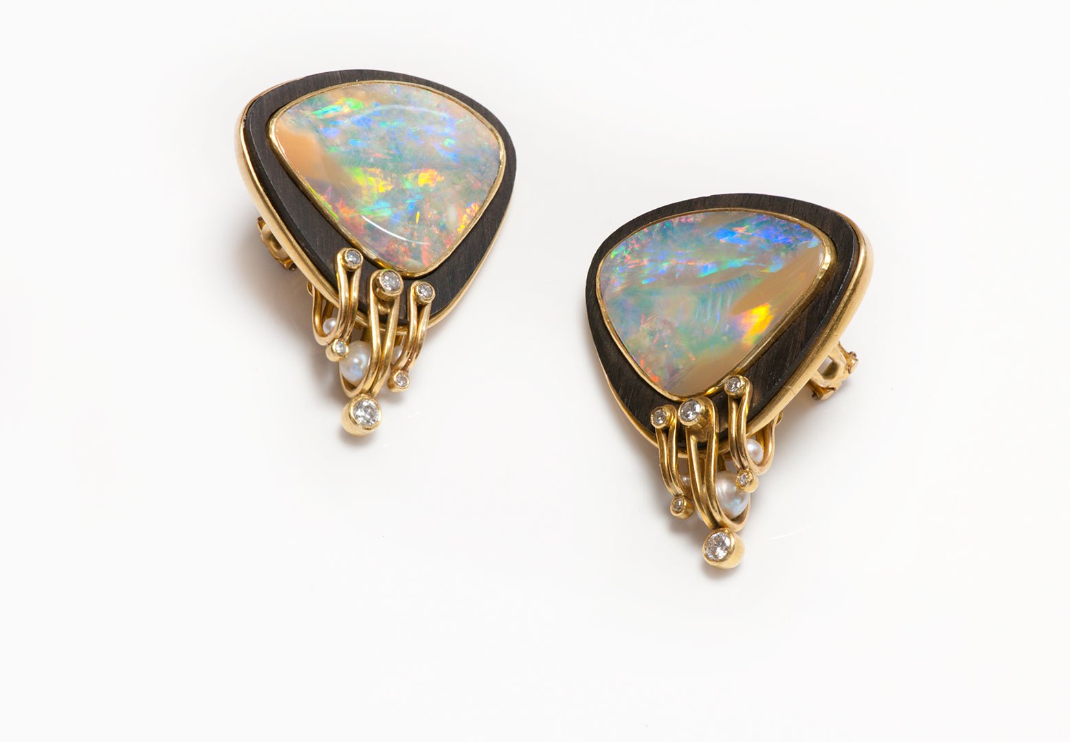 Vintage Opal Wood 22K & 18K Gold Diamond Pearl Earrings