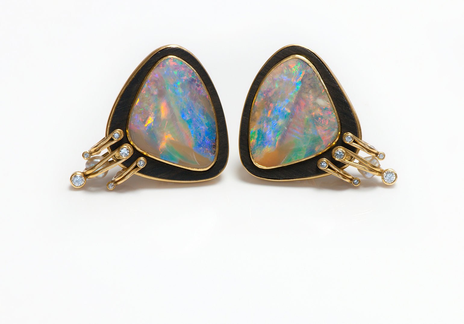 Vintage Opal Wood 22K & 18K Gold Diamond Pearl Earrings