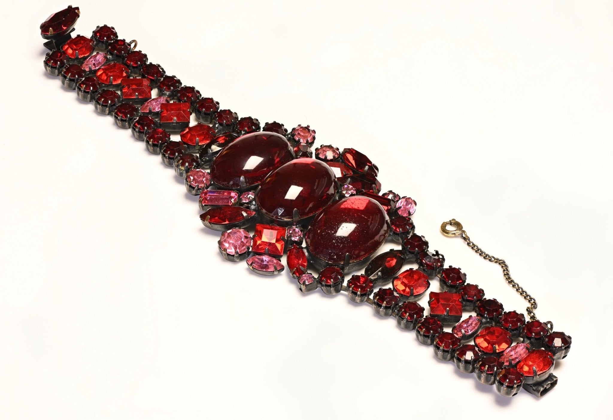 Vintage Original By Robert Wide Red Pink Cabochon Crystal Bracelet
