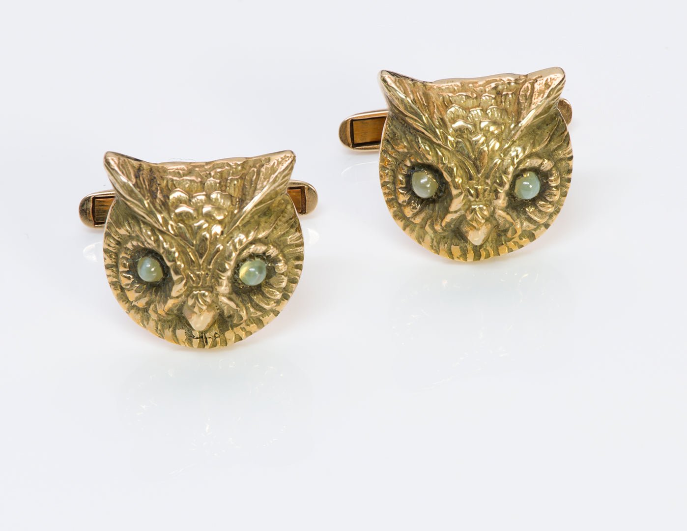 Vintage Owl Cats Eye Gold Cufflink & Stud Set