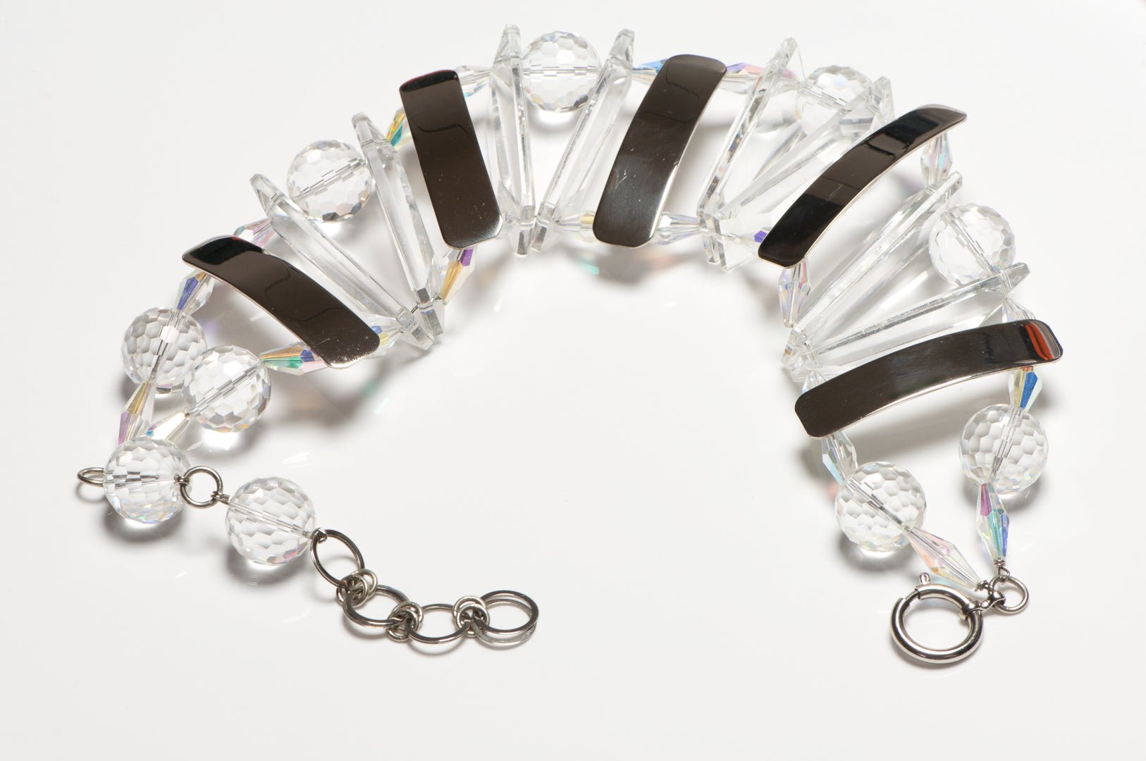 Vintage Paco Rabanne Paris Wide Silver Tone Metal Glass Crystal Choker Necklace
