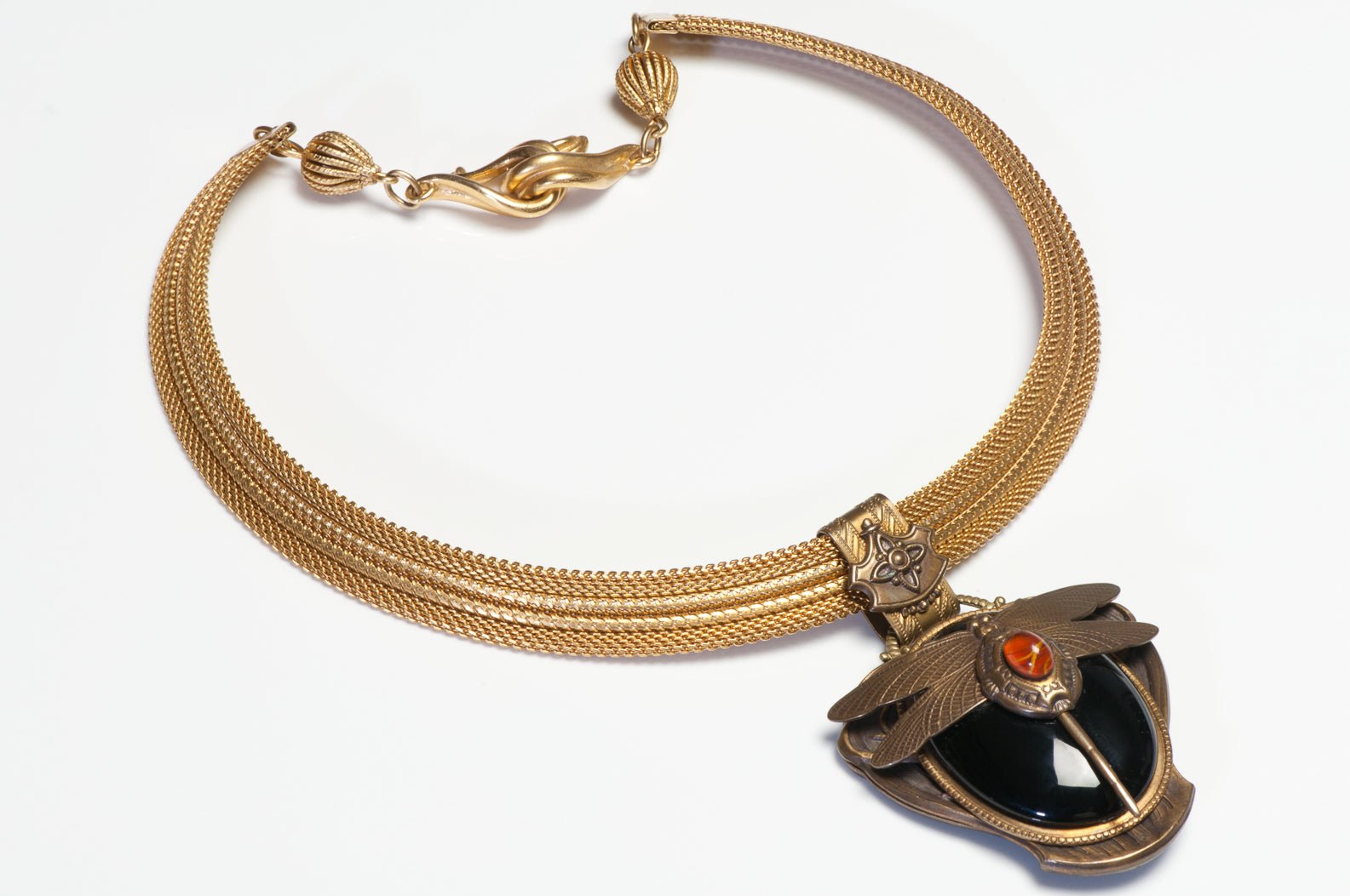 Vintage Patrice Black Orange Glass Dragonfly Pendant Necklace