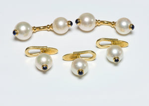 Vintage Pearl 18K Gold Sapphire Cufflink & Stud Set