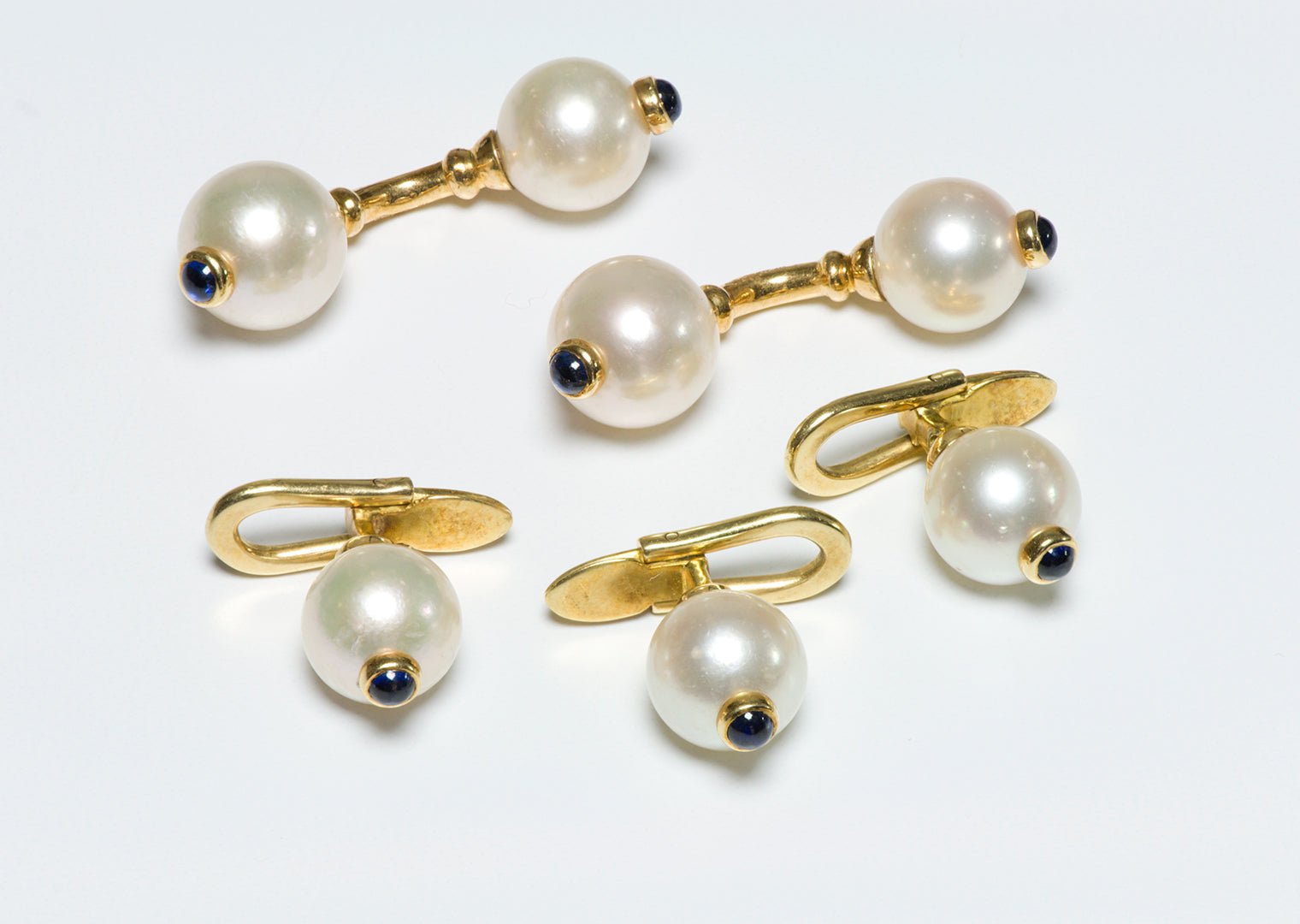 Vintage Pearl 18K Gold Sapphire Cufflink & Stud Set
