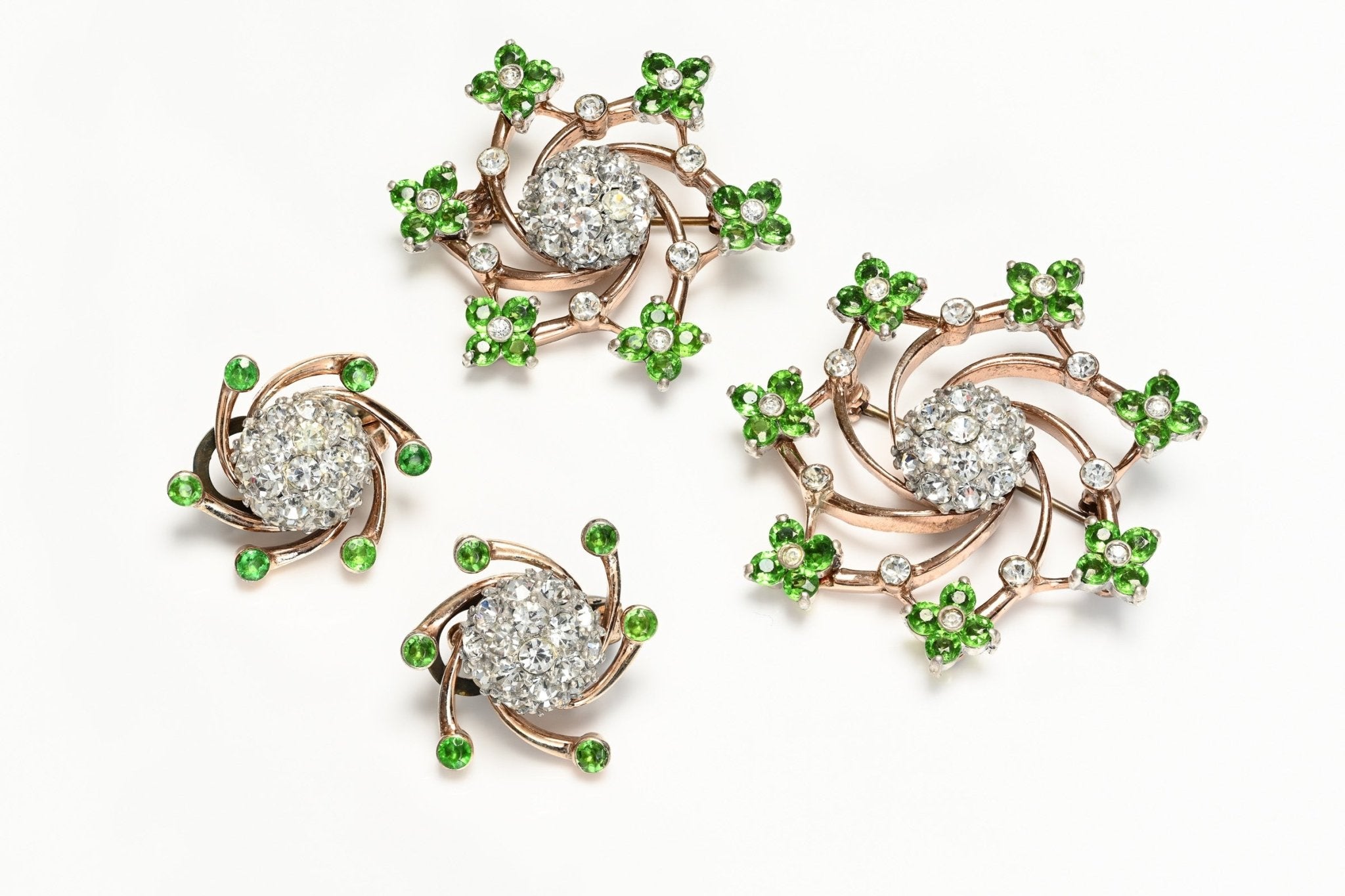 Vintage Pennino Sterling Silver Green Crystal Flower Brooch Earrings Set