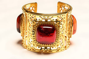 Vintage Philippe Ferrandis Paris Wide Red Orange Cabochon Cuff Bracelet