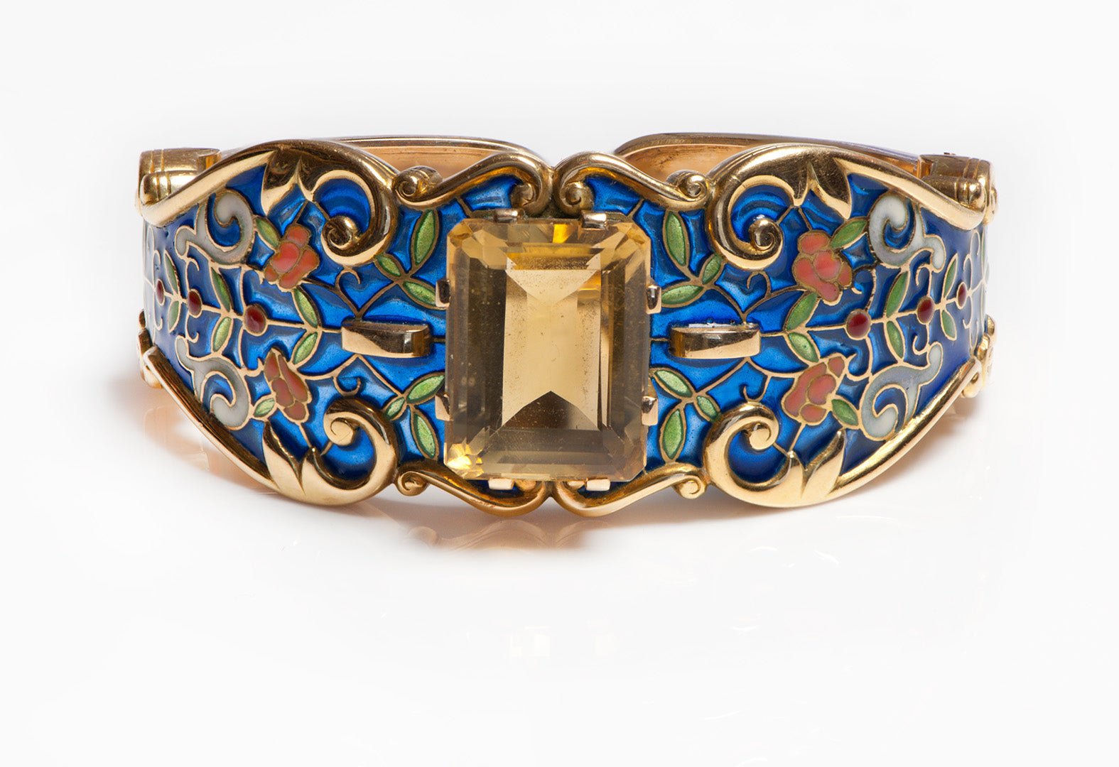 Vintage Plique a Jour Gold Citrine Cuff Bracelet