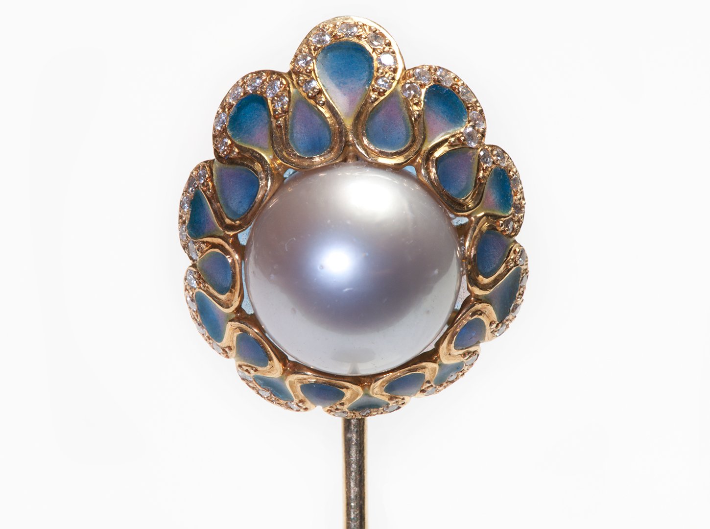 Vintage Plique a Jour Gold Pearl Diamond Stick Pin