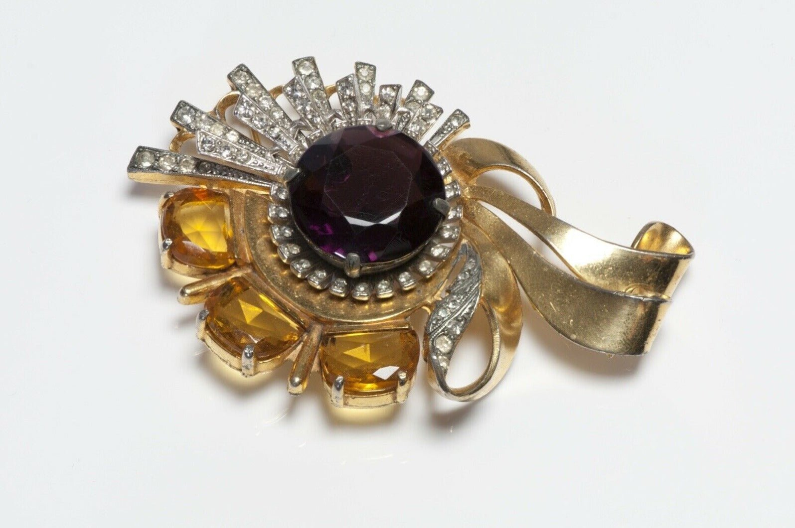 Vintage Reinad Gold Plated Yellow Purple Crystal Flower Brooch
