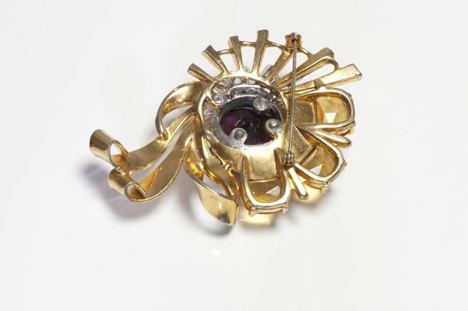 Vintage Reinad Gold Plated Yellow Purple Crystal Flower Brooch