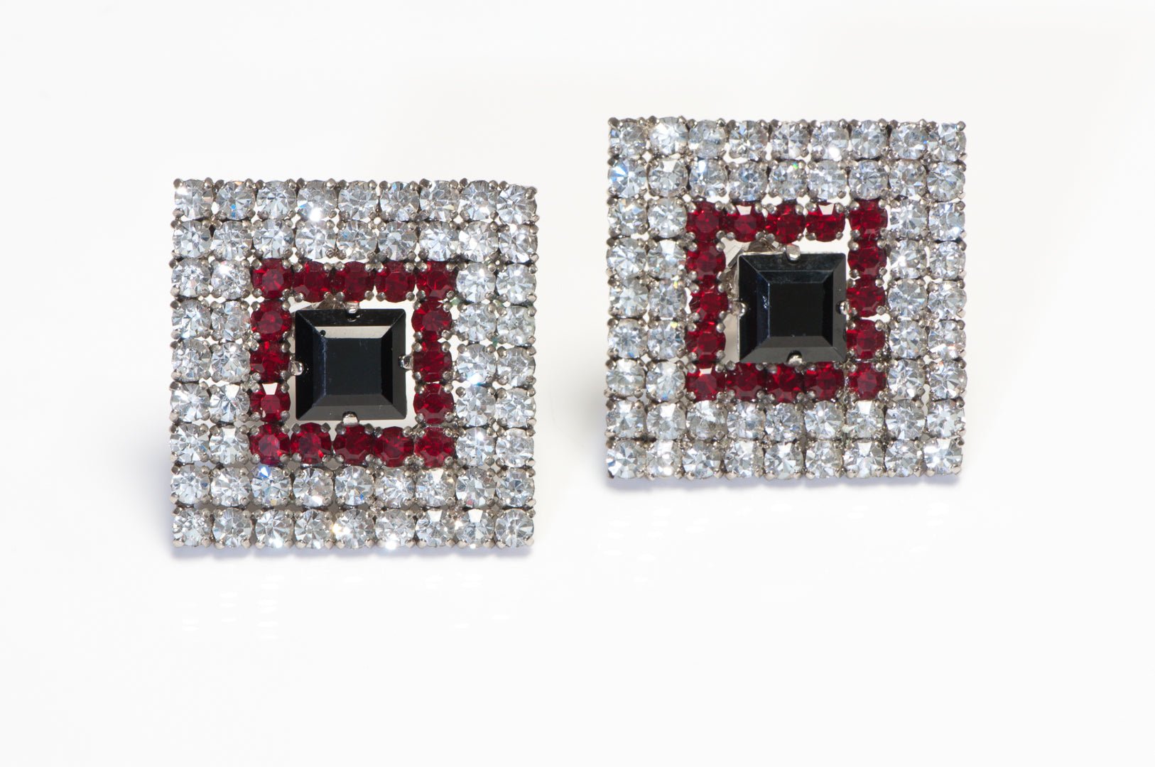 Vintage Rena Lange Large Geometric Black Red Crystal Earrings