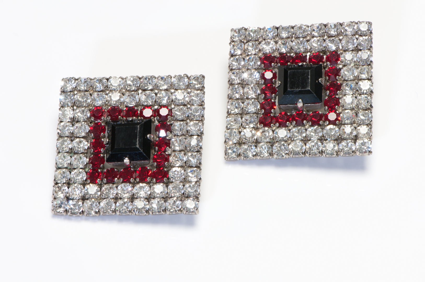 Vintage Rena Lange Large Geometric Black Red Crystal Earrings
