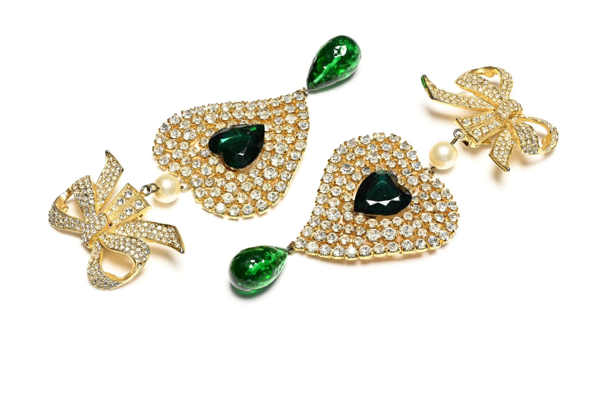 Vintage Rena Lange Paris Gripoix Green Glass Heart Bow Shoulder Duster Earrings