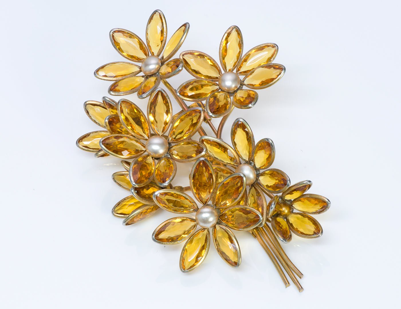Vintage Roger Jean-Pierre 1950’s Faux Citrine Crystal Pearl Flower Brooch