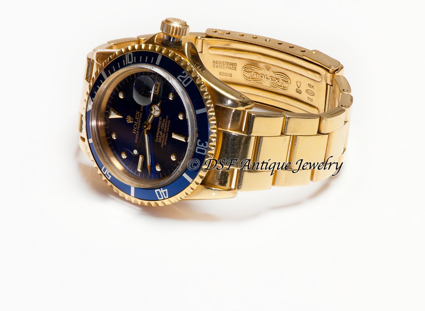 Vintage Rolex Submariner Blue Dial 18K Yellow Gold Men's Watch