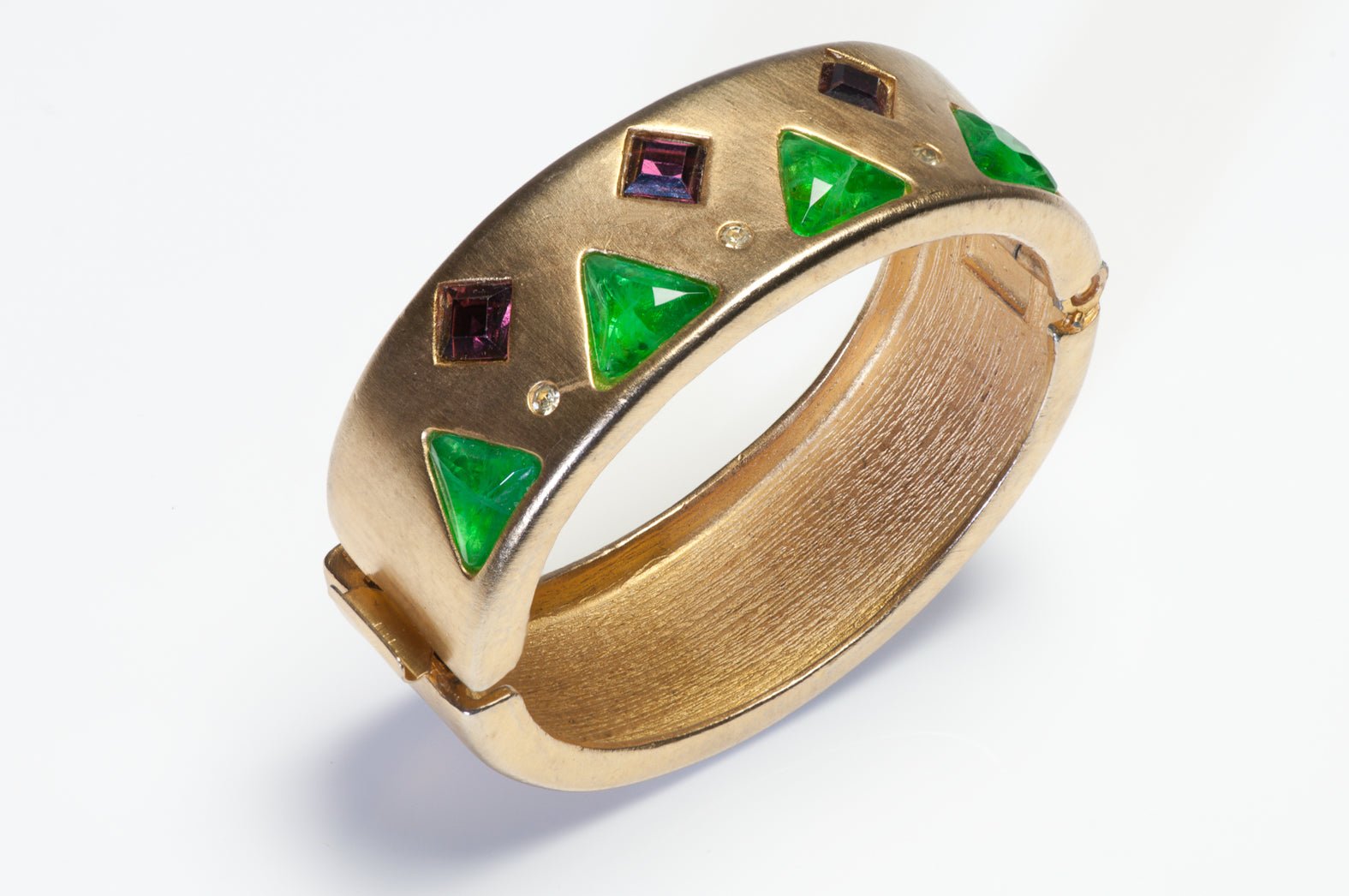 Vintage Roxanne Assoulin Gold Plated Green Purple Crystal Bangle Bracelet