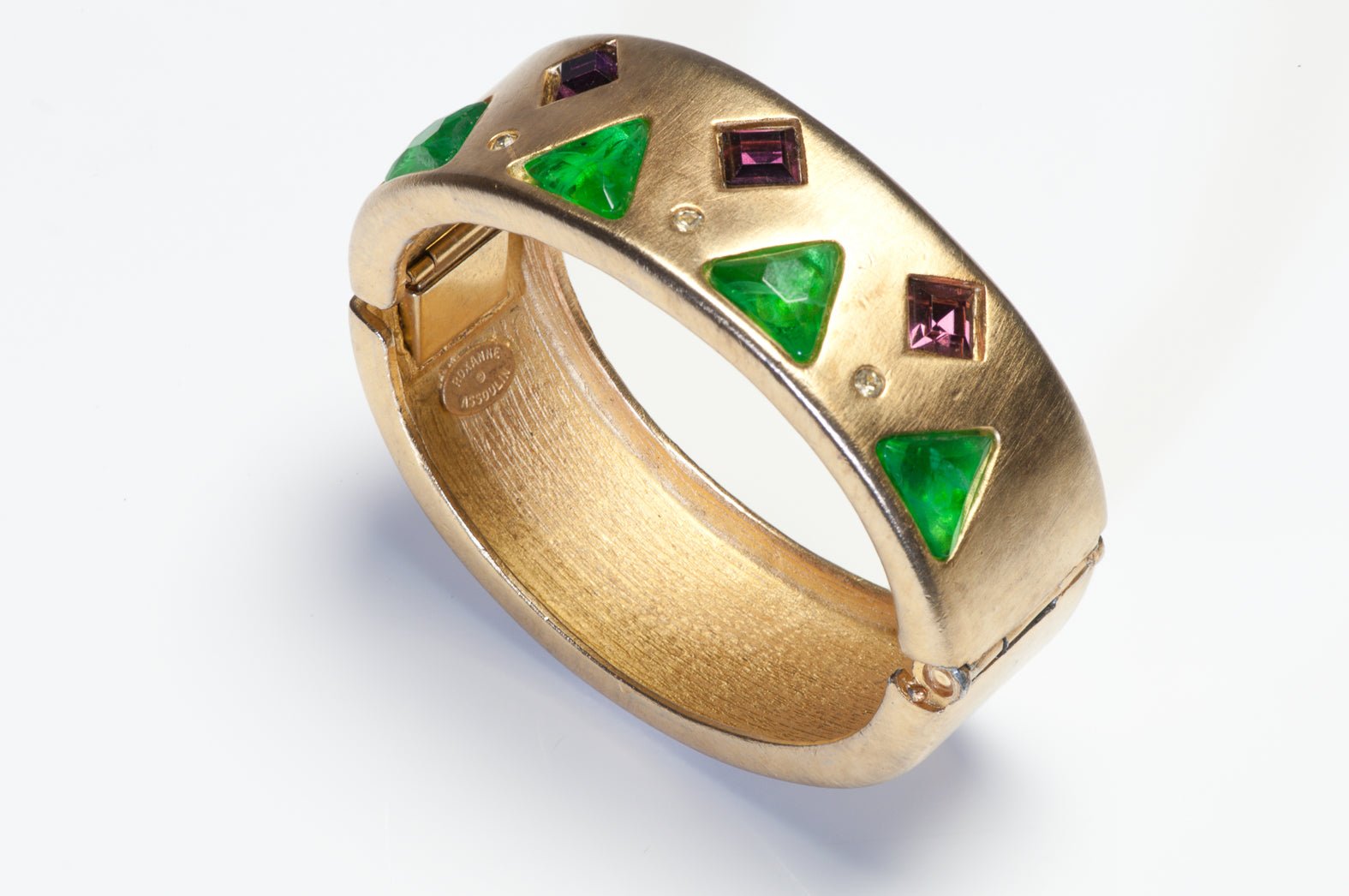 Vintage Roxanne Assoulin Gold Plated Green Purple Crystal Bangle Bracelet