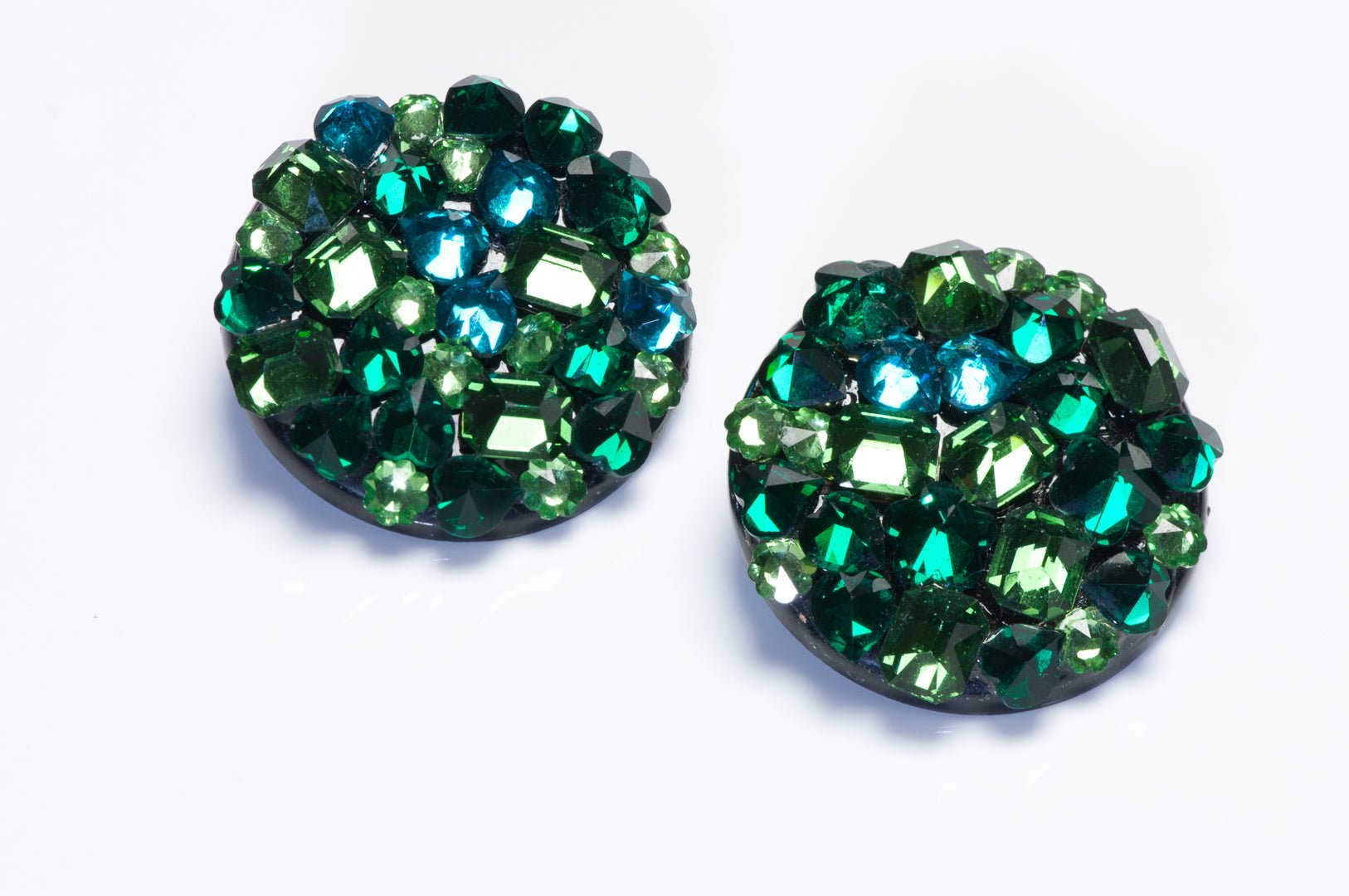 Vintage Roxanne Assoulin Green Blue Crystal Flower Heart Earrings