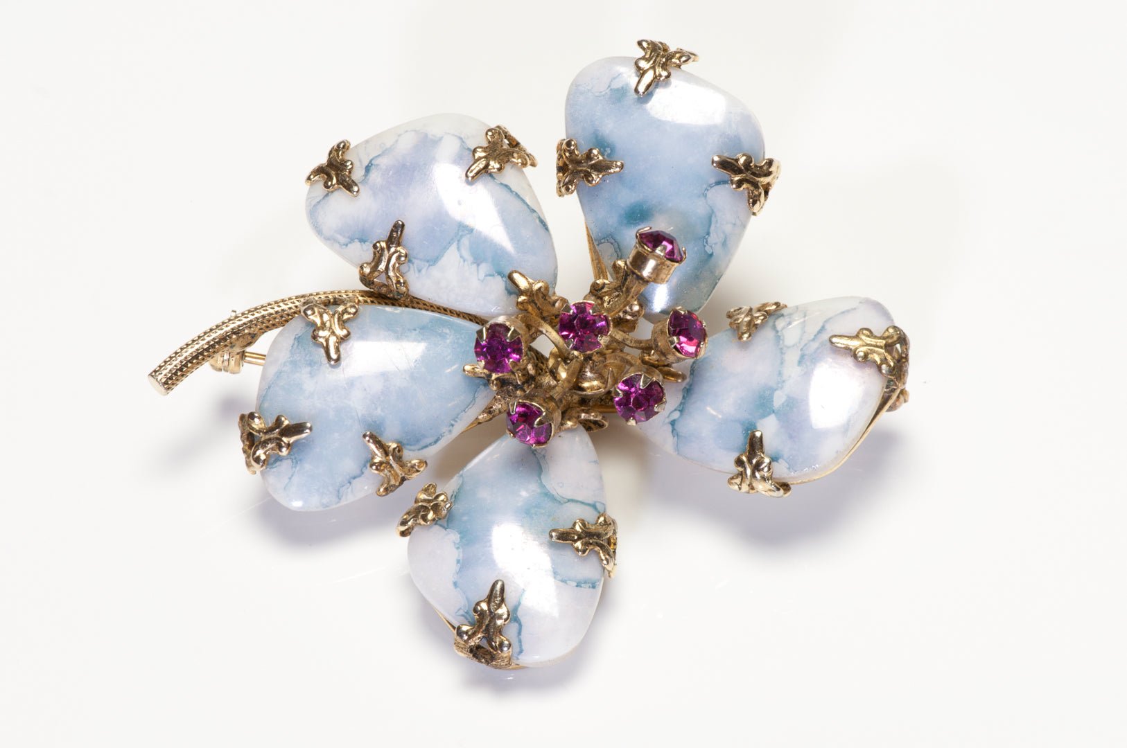 Vintage Schreiner NY 1950’s Blue Marbleized Stone Pink Crystal Flower Brooch