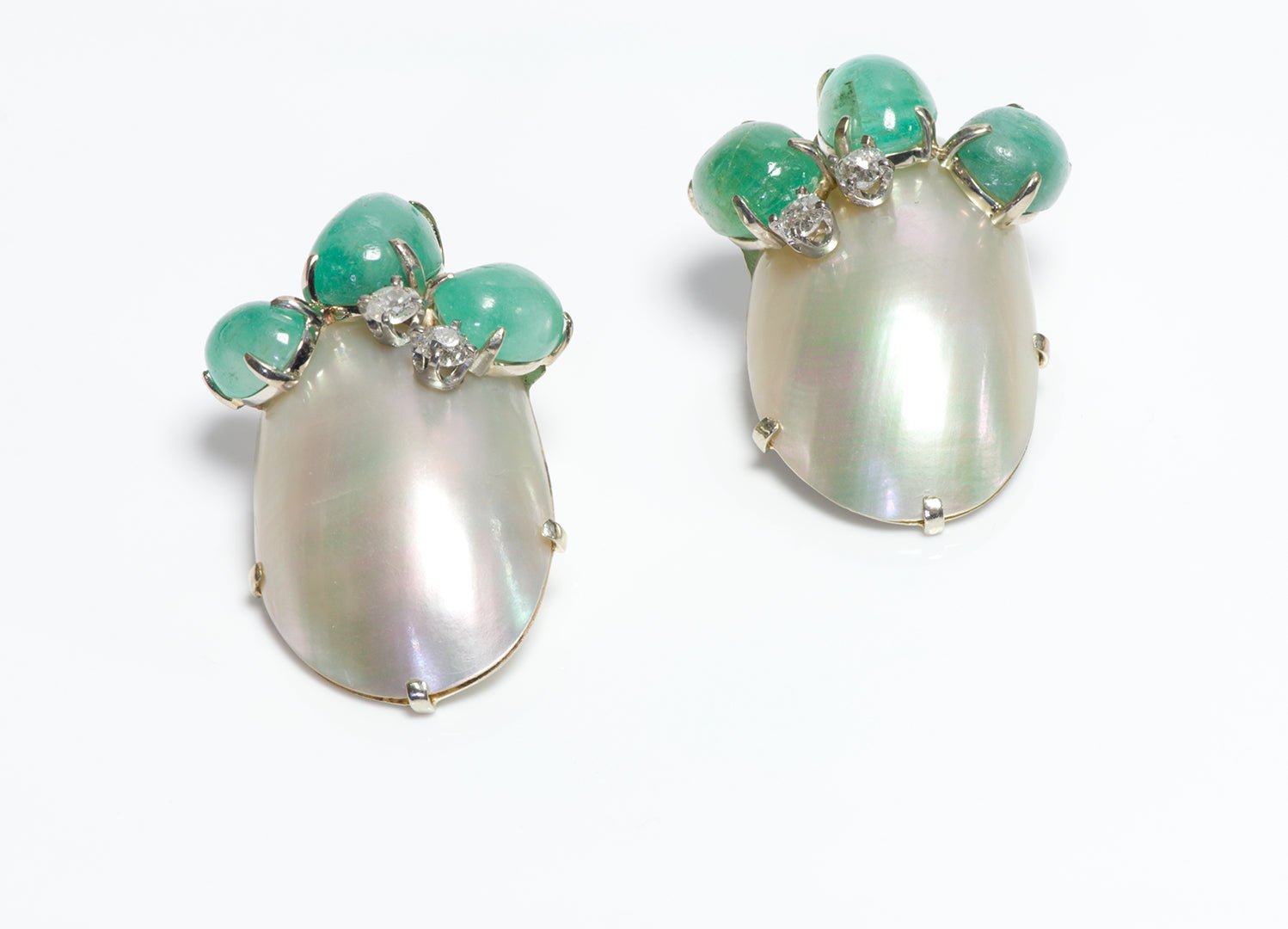 Vintage Seaman Schepps Gold Emerald Diamond Shell Earrings