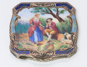 Engraved Silver Enamel Compact